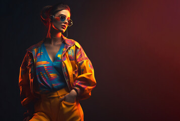 Canvas Print - fashion woman colorful, the bold eclectic fashion styles of the Y2K era. dressed in the latest fashion trends of the time, including chunky shoes, low-rise pants, crop tops, and oversized sunglasses