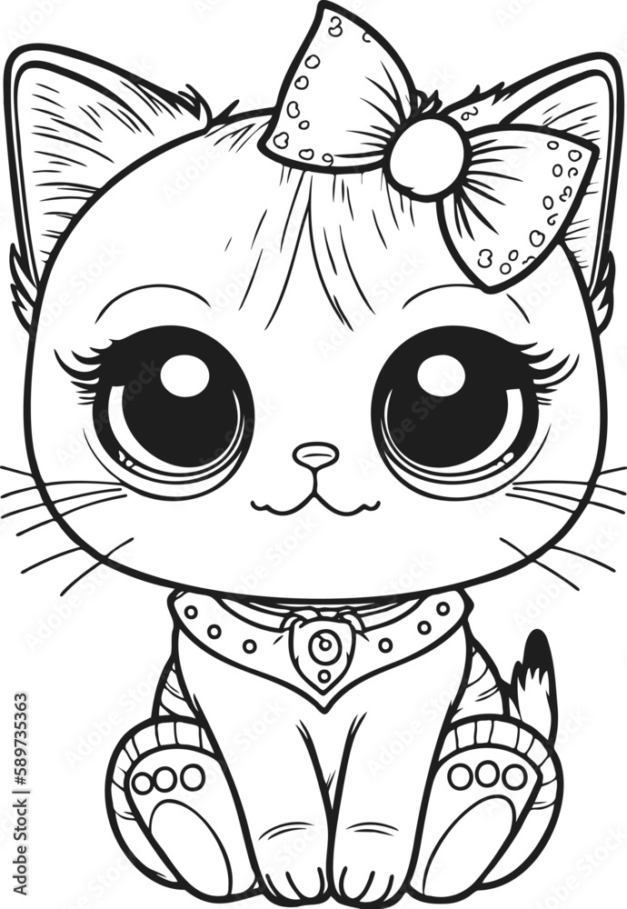 Cute cartoon cat or kitten with bow. Baby animal in line drawing ...