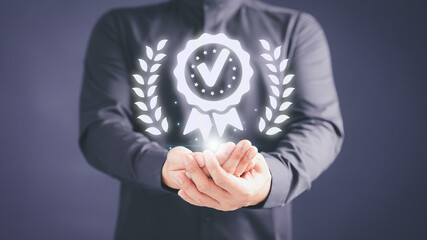 Poster - Guarantee, warranty, standard, ISO certification assessment and testimonial concept. Adult man showing the best quality assurance with golden five stars. Quality assurance of business services.