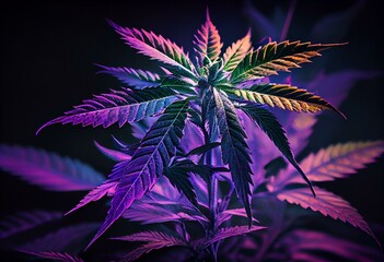 Wall Mural - Purple hemp plant. Artistic background of marijuana. Medicinal hemp plant in neon colorful mixed light. A new look at the agricultural cannabis strain. Generative AI