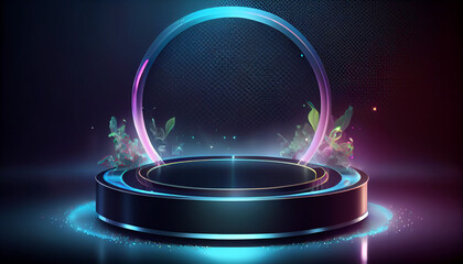 Wall Mural - Futuristic stage with neon light circle frame Ai generated Image