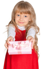 Wall Mural - Little girl with gift box isolated on white background