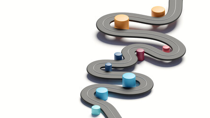 Winding road timeline concept. Strategy solution concept. Business roadmap 3d rendering.