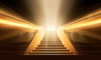 Golden podium stairs with light rays. Luxury Stage. Generative AI