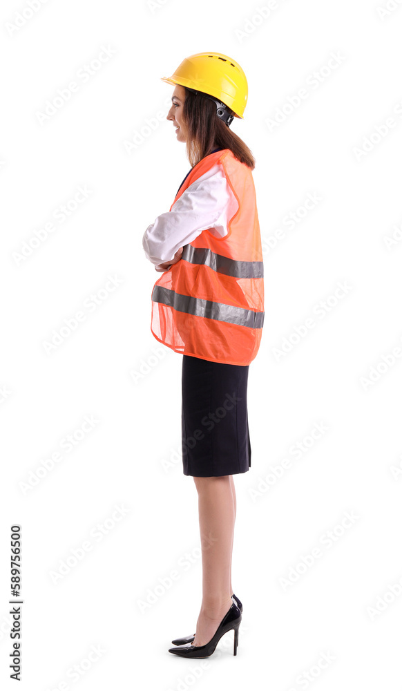 Female worker in vest and hardhat on white background