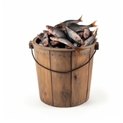 Bucket of fish isolated on a white background, freshly caught, symbolizing fishing activities, seafood cuisine, and local markets, generative ai