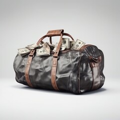 Duffle bag filled with cash isolated on a white background, symbolizing wealth, illegal activities, or a big financial win, mysterious and intriguing, generative ai