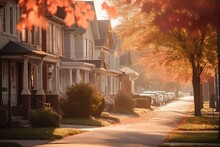 Suburban Street With Autumn Leaves And A Row Of Charming Houses In The Early Morning Light With A Cozy And Nostalgic Style | Generative AI