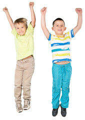 Poster - Two Smiling Children , Friends Jumping for Joy