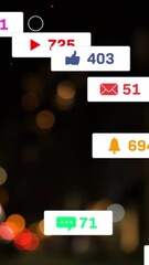 Poster - animation of social media icons and numbers over out of focus city and traffic lights