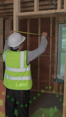 Poster - Animation of statistics processing over male engineer measuring at construction site
