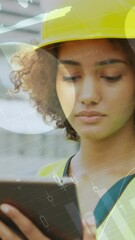 Poster - Animation of statistics processing over female architect using tablet at construction site