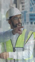Poster - Animation of statistics processing over male architects talking at construction site