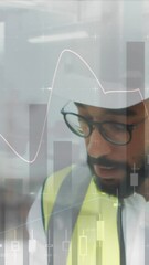 Poster - Animation of statistics processing over male and female architects talking at construction site