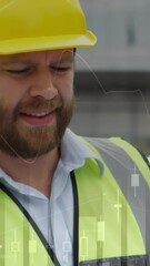 Poster - Animation of statistics processing over male and female architects talking at construction site