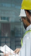 Poster - Animation of statistics processing over male architects at construction site
