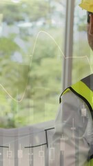 Aufkleber - animation of statistics processing over male and female architect holding plans at construction site