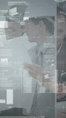 Poster - Animation of statistics and financial data processing over architects with plans in meeting