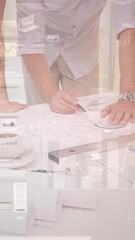 Poster - Animation of statistics and financial data processing over business people in meeting