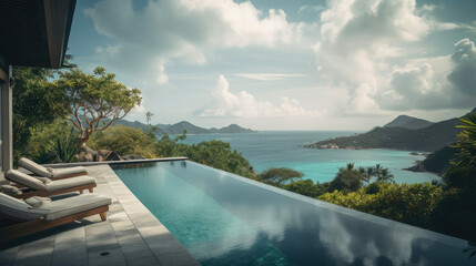 Patio with an infinity pool in the Seychelles. Generative AI