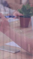 Poster - Animation of statistics and data processing over businesswoman making notes in meeting