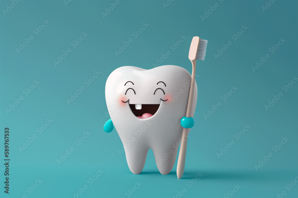 Smiling happy tooth cartoon dental character holding a toothbrush 3d ...