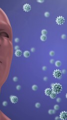 Canvas Print - Animation of human bust and covid 19 cells floating over purple background