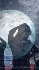 Poster - Animation of graphs and data processing over globe and sports fans at stadium
