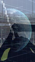 Poster - Animation of globe with graphs and data processing over cheering fans at sports stadium