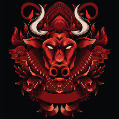 Wall Mural - Bull head illustration with baroque ornament