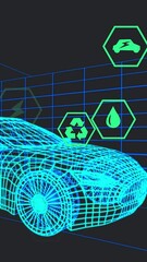 Poster - Animation of icons processing status data over 3d car model moving on black background