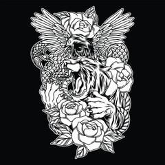 Tiger Fight Snake Tattoo Black and White Illustration