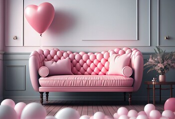 Valentine or birthday party empty interior room with pink sofa and pink heart balloon home decor for valentine's day. Valentines, birthday, women's day decorate space. 3D render. Generative AI