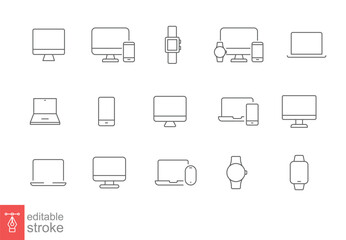 Poster - Modern devices thin line icon set. Simple outline style. Computer, laptop, monitor screen, gadget, pc, phone, smartwatch. Vector illustration isolated on a white background. Editable stroke EPS 10.