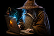 old fictional wizard using a laptop computer	
