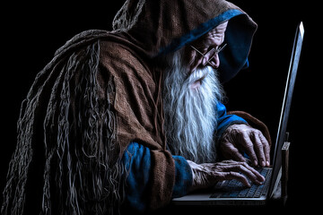 Wall Mural - old fictional wizard using a laptop computer	
