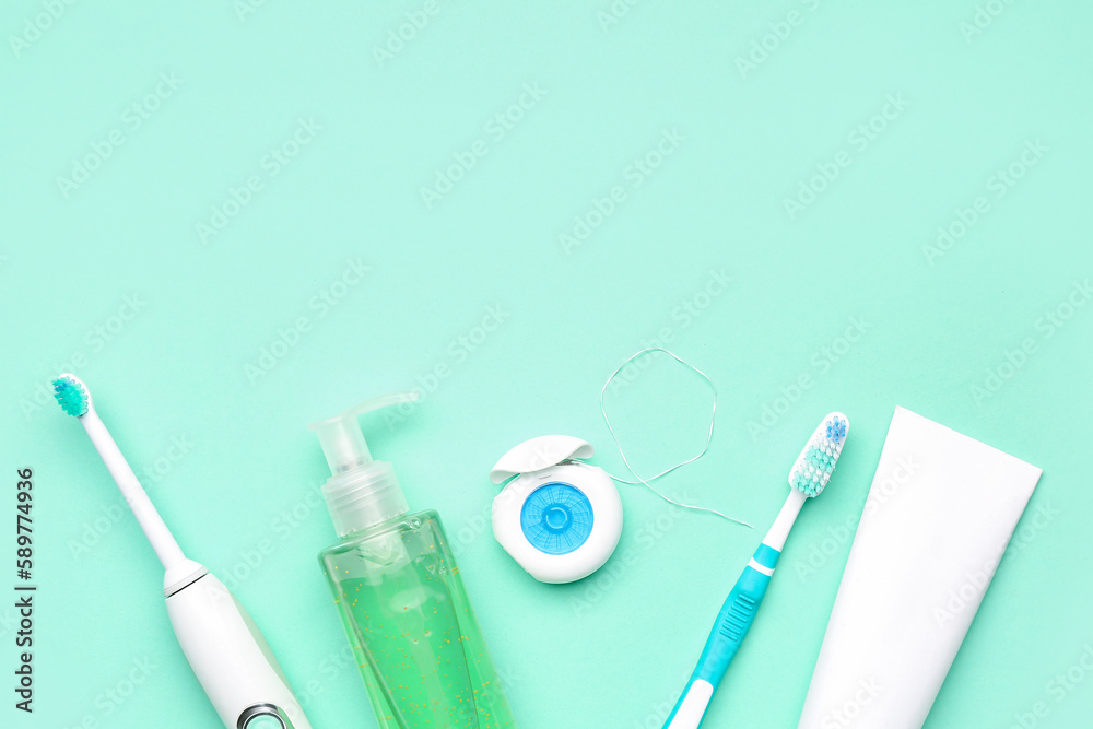 Set for oral hygiene on turquoise background