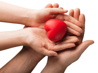 Wall Mural - Man and woman holding red heart in hands on background