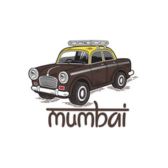 illustration of vintage mumbai taxi, mumbai transportation, vector art.