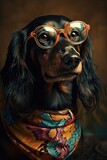 Fototapeta Morze - Portrait of a cute black and tan, long-haired dachshund dog with retro glasses and a bandana or scarf on black studio background. Generative AI art.