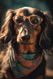 Fototapeta Morze - Portrait of a cute black and tan, long-haired dachshund dog with retro glasses and a bandana or scarf on black studio background. Generative AI art.