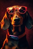 Fototapeta Morze - Portrait of a cute tan, smooth-haired dachshund dog with tech-retro sunglasses and a red collar on red studio background. Generative AI art.