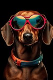 Fototapeta Morze - Portrait of a cute tan, smooth-haired dachshund dog with red sunglasses and a colored collar on black studio background. Generative AI art.