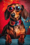 Fototapeta Morze - Portrait of a cute tan, smooth-haired dachshund dog with colored sunglasses and collar on red and blue paint studio background. Generative AI art.