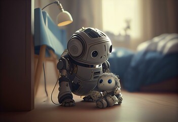Robot looking after a baby, illustration. Generative AI