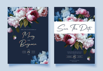 Floral Wedding invitation card. Watercolor Pyone flowers.Vector.