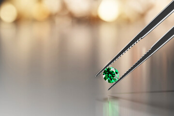 Poster - Green emerald crystal diamond and tweezers on a glossy background with objects soft focusing 3d rendering