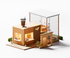 Poster - Isometric view minimal cafe restaurant container store exterior architecture 3d rendering digital art