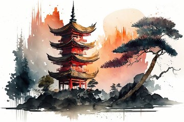 japanese landscape in watercolor with a fairy garden, ink landscape painting created digitally Generative AI