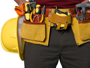 Canvas Print - Male worker with tool belt isolated on white  background